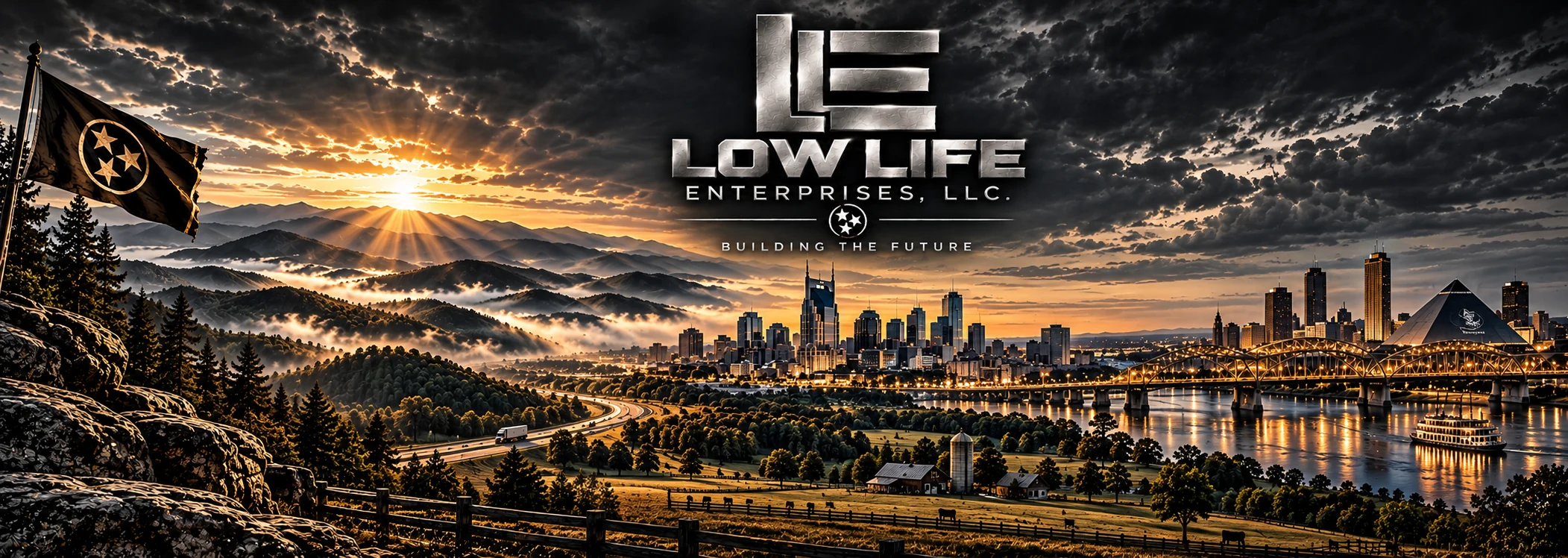 Tennessee panorama with Low Life Enterprises logo, from the Smoky Mountains through Nashville to Memphis